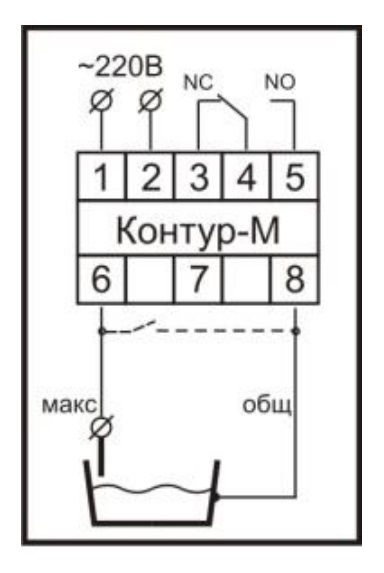 Схема подключения реле контроля уровня «Контур–М» при режиме докачивания до верхнего уровня